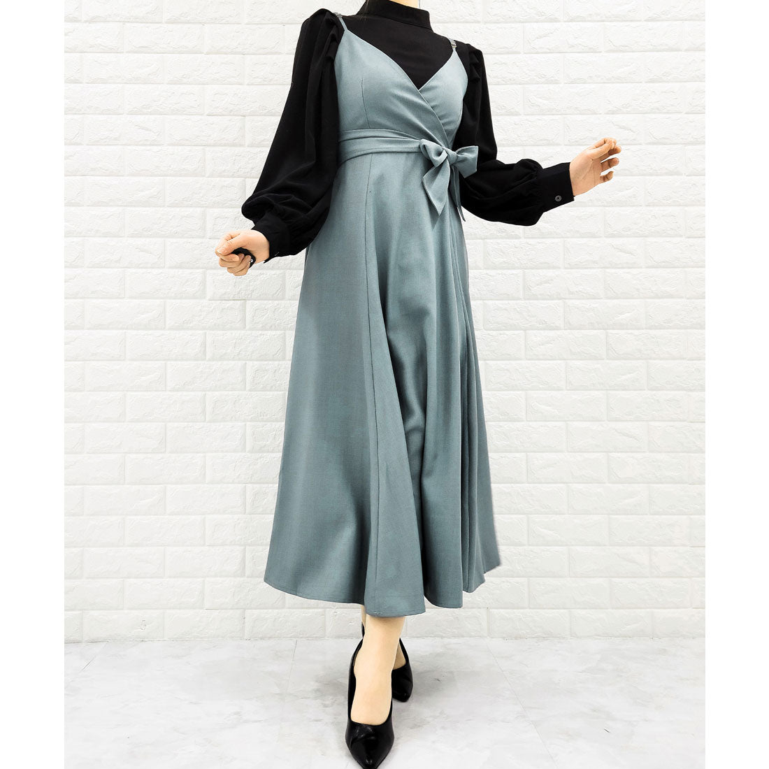 レースレディース Lace Ladies バックリボン パイピングキャミワンピース (ブルーグレー) ブルーグレー