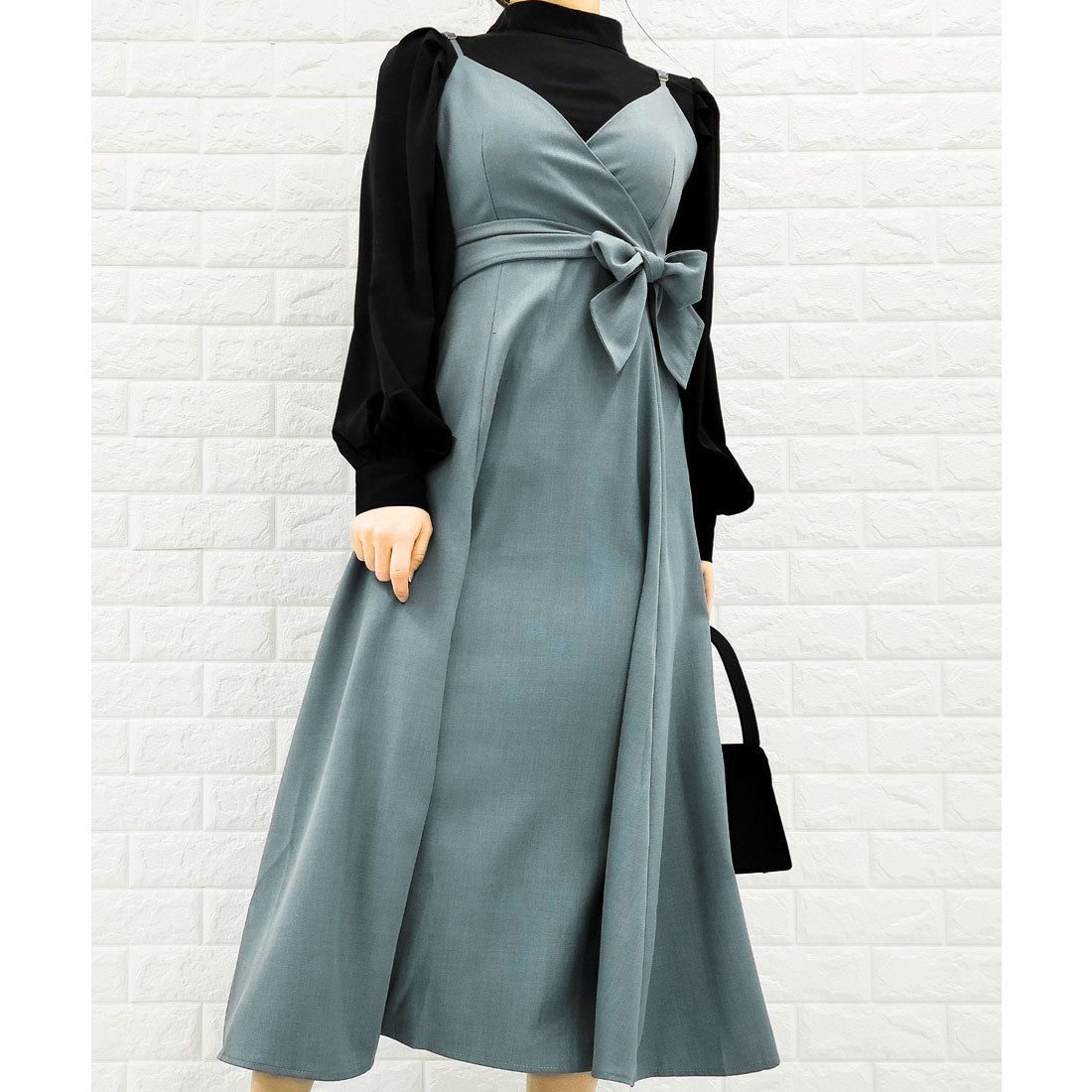 レースレディース Lace Ladies バックリボン パイピングキャミワンピース (ブルーグレー) ブルーグレー