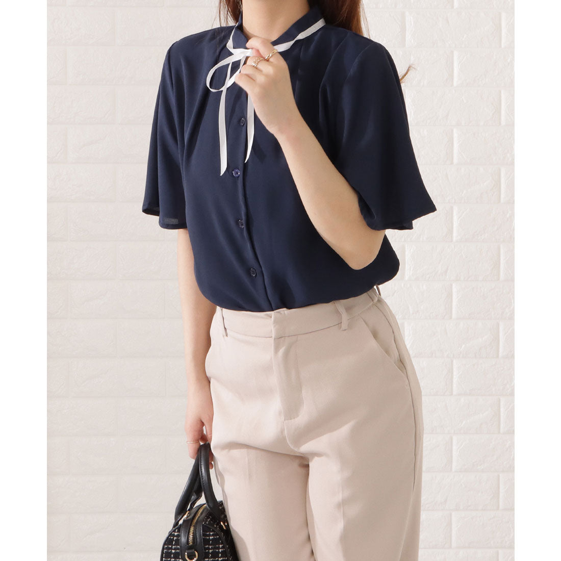 レースレディース Lace Ladies タック入り半袖ボタンブラウス,ネイビー