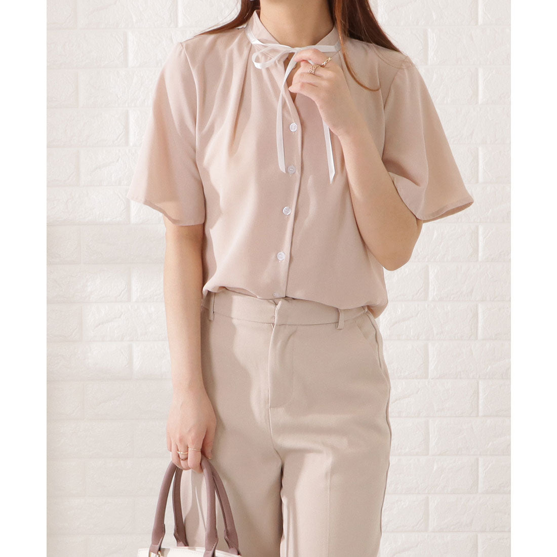 レースレディース Lace Ladies タック入り半袖ボタンブラウス,ベージュ