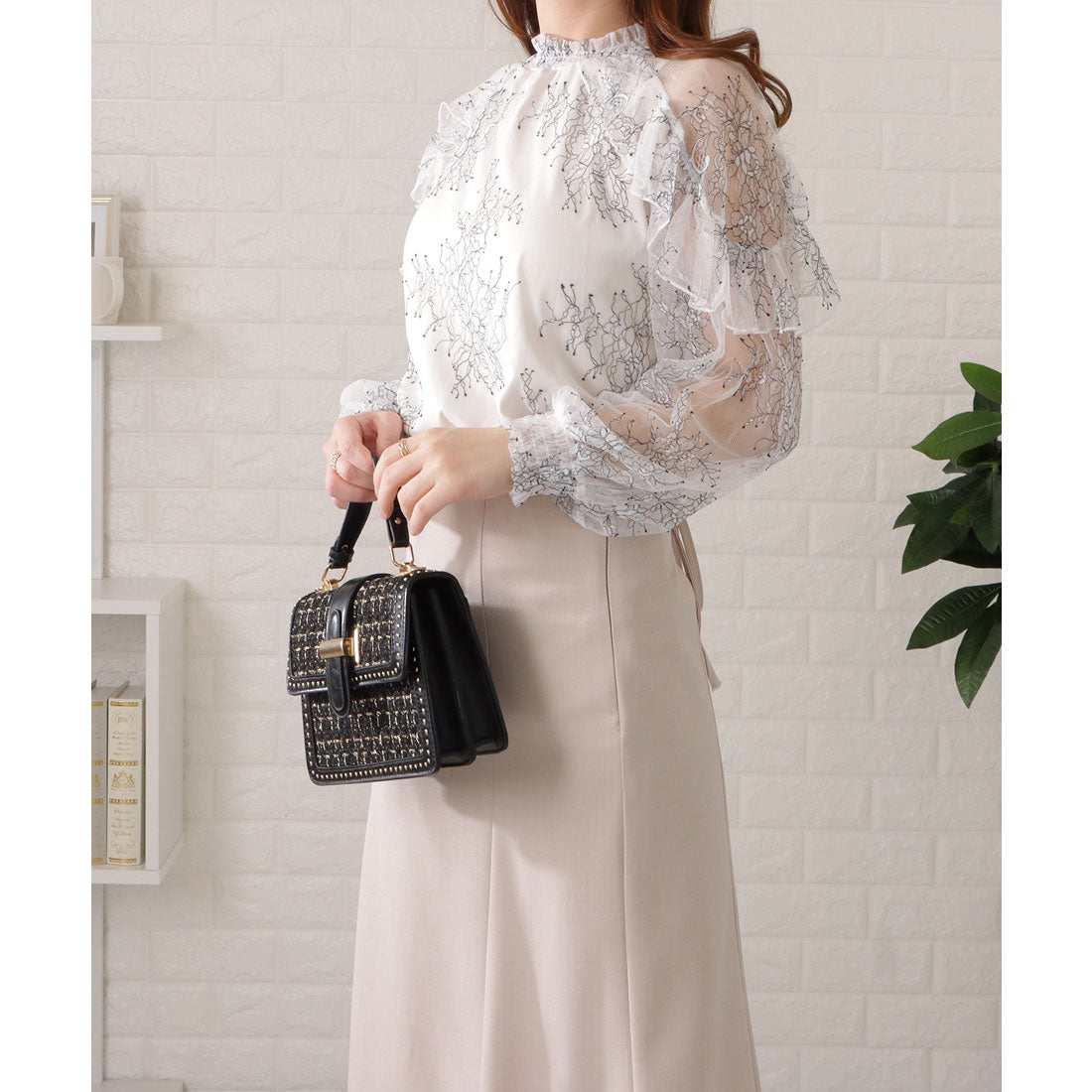 レースレディース Lace Ladies フリルハイネックレーシィブラウス,ホワイト