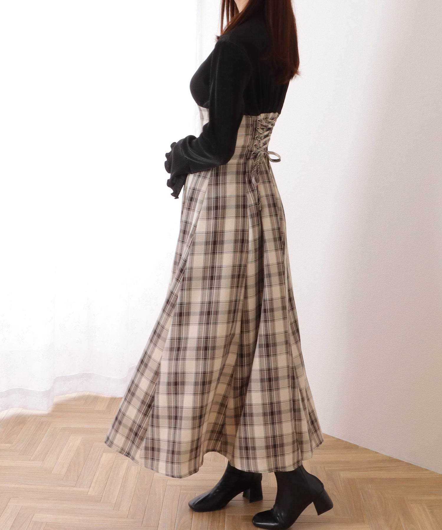 レースレディース Lace Ladies プチハイネック メロウ フリル ハイウエストドッキング ワンピース