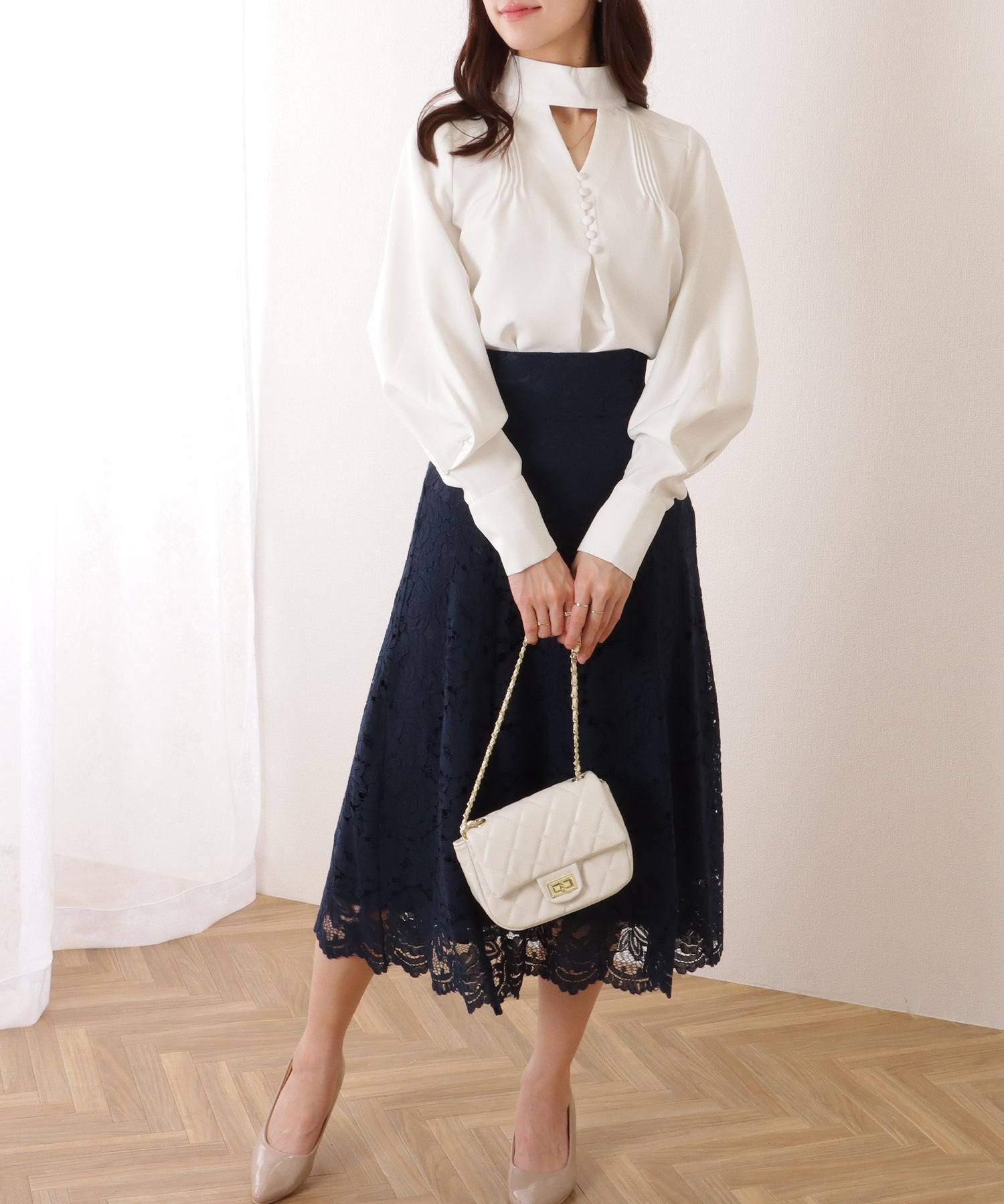 レースレディース Lace Ladies Vネック風 カットアウト ピンタック ディープカフス ブラウス (ブラック) ブラック