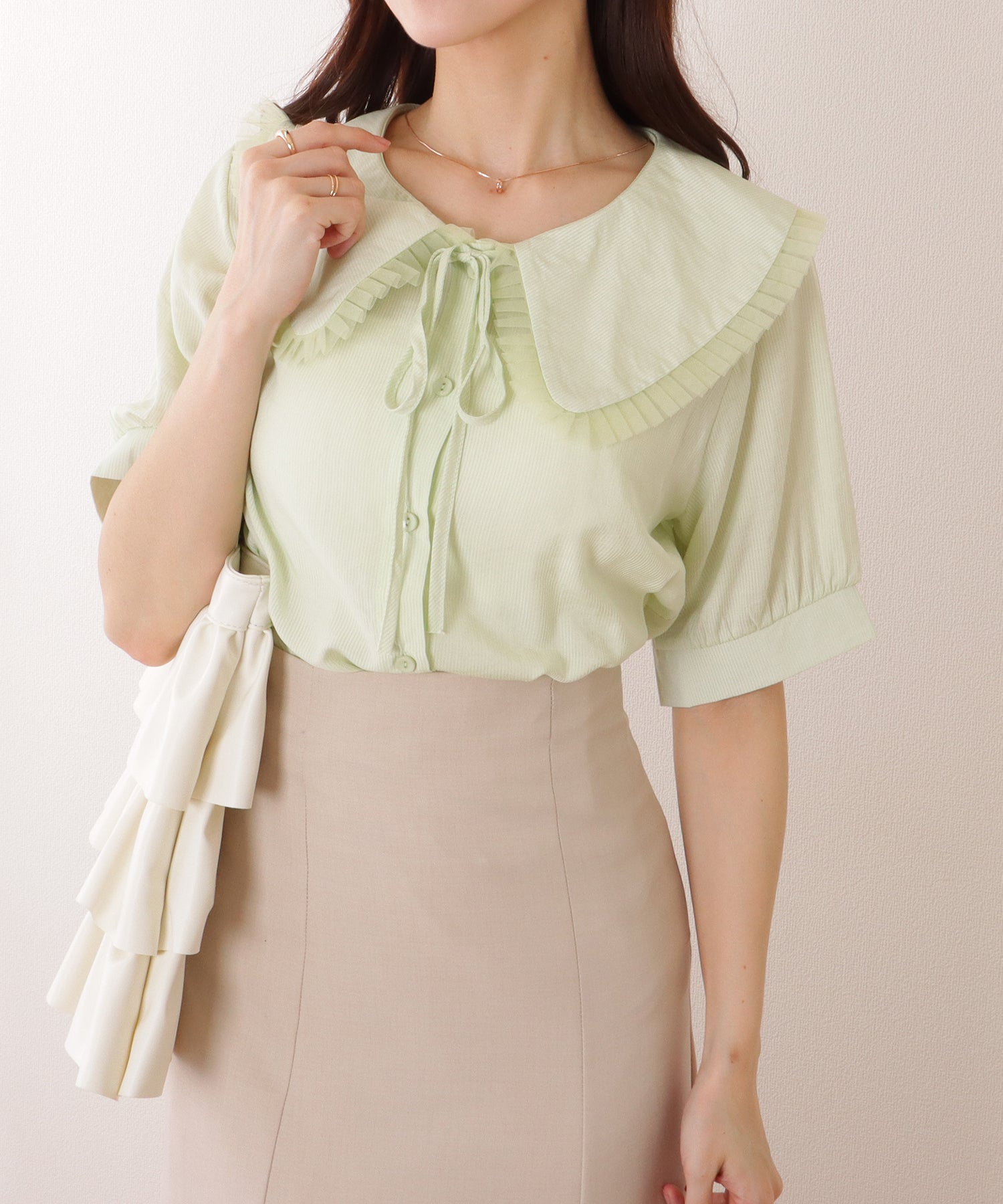 レースレディース Lace Ladies リボン付き ビッグカラー パフスリーブ 半袖 ブラウス (ミント) ミント