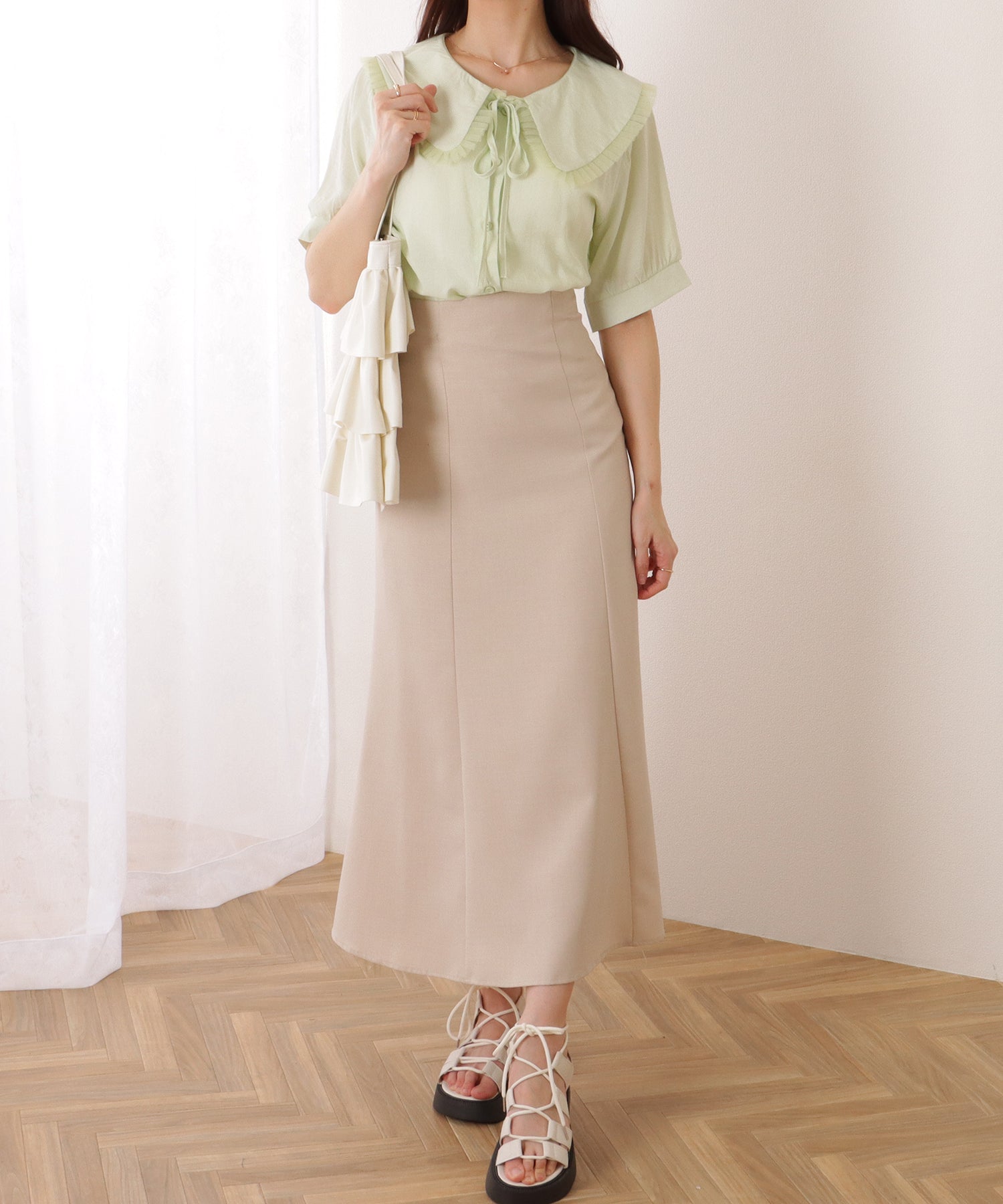 レースレディース Lace Ladies リボン付き ビッグカラー パフスリーブ 半袖 ブラウス (ミント) ミント