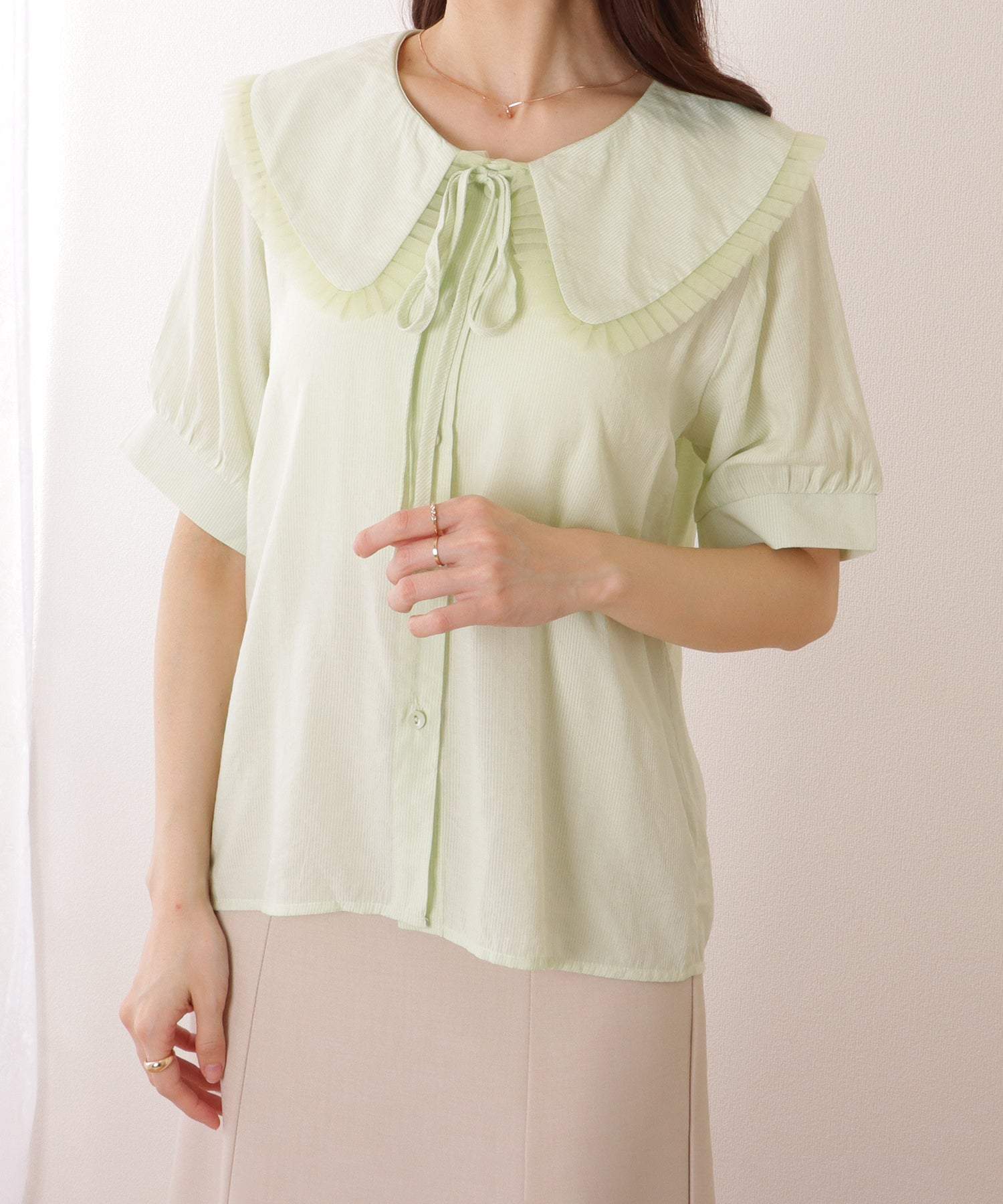 レースレディース Lace Ladies リボン付き ビッグカラー パフスリーブ 半袖 ブラウス (ミント) ミント