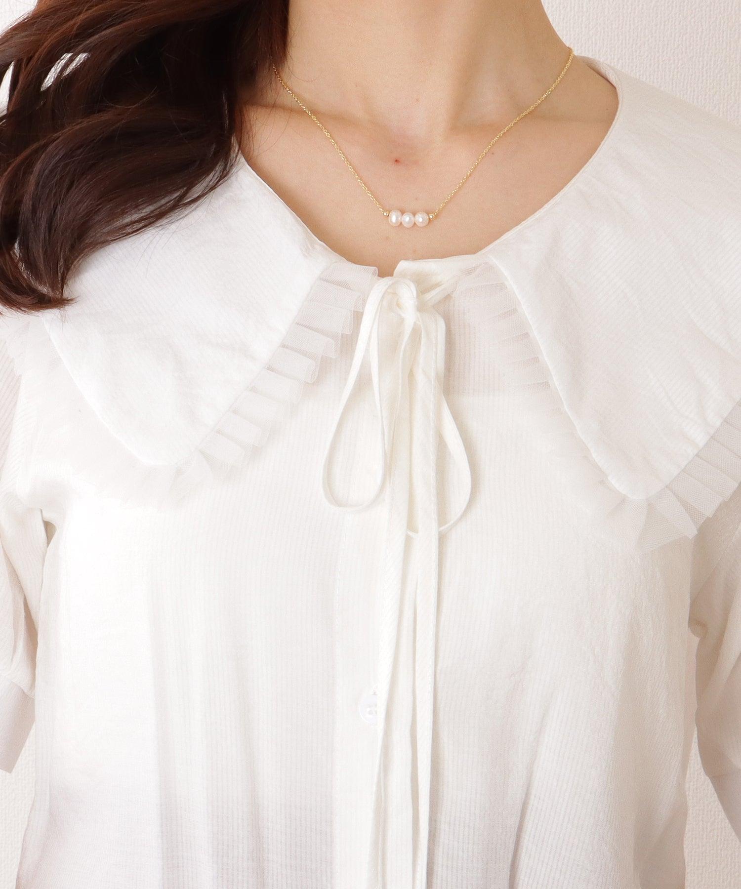 レースレディース Lace Ladies リボン付き ビッグカラー パフスリーブ 半袖 ブラウス (ミント) ミント