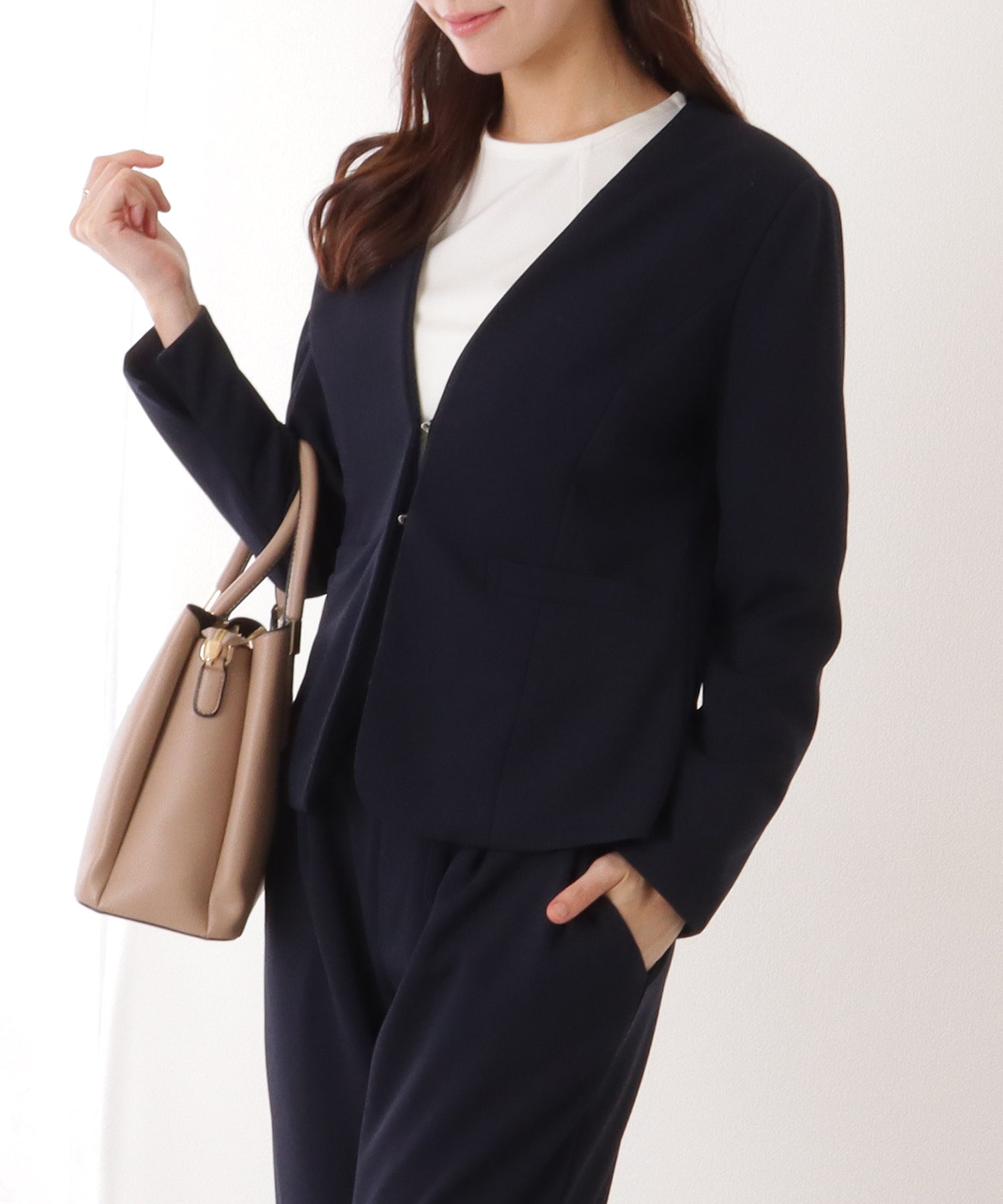 レースレディース Lace Ladies フロント ホック ノーカラー スーツ セットアップ (ネイビー) ネイビー