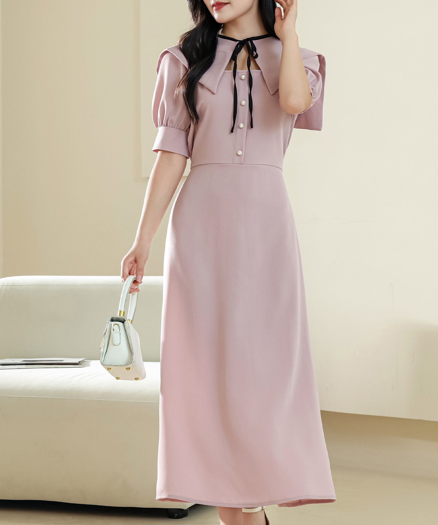 レースレディース Lace Ladies ショール風 ビッグカラー フロント ボタン ロング ワンピース (ピンク) ピンク