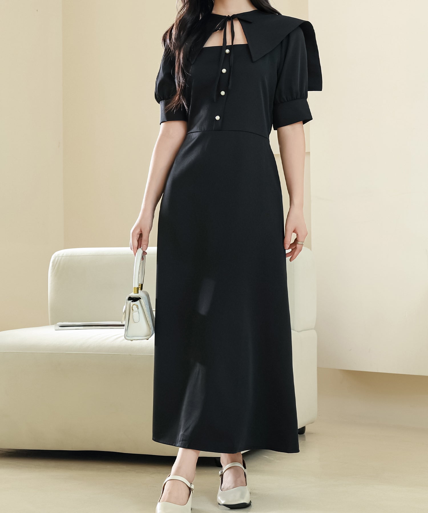 レースレディース Lace Ladies ショール風 ビッグカラー フロント ボタン ロング ワンピース (ピンク) ピンク