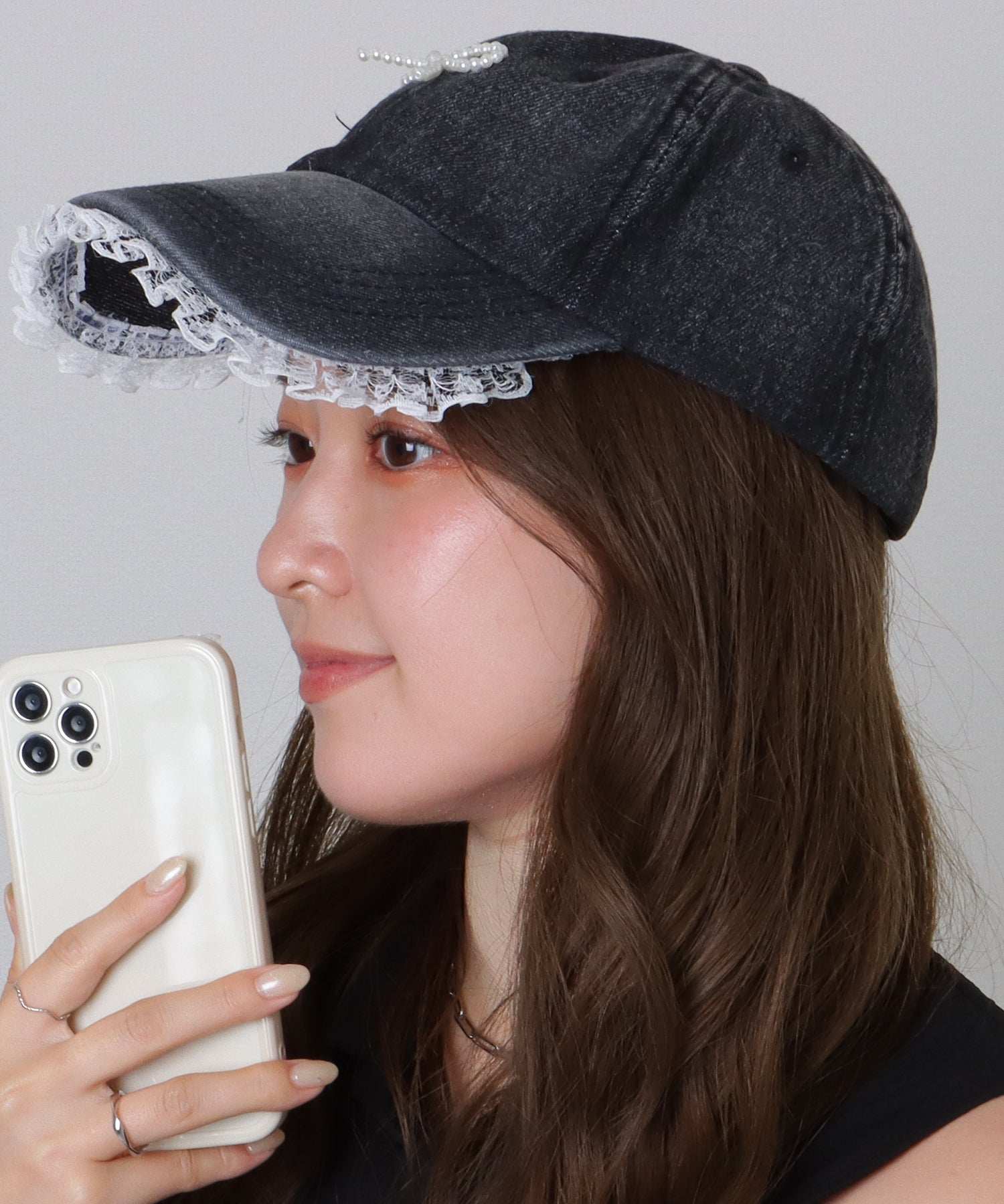 レースレディース Lace Ladies リボン チャーム付き レース フリル ベースボール デニム キャップ (ネイビー) ネイビー