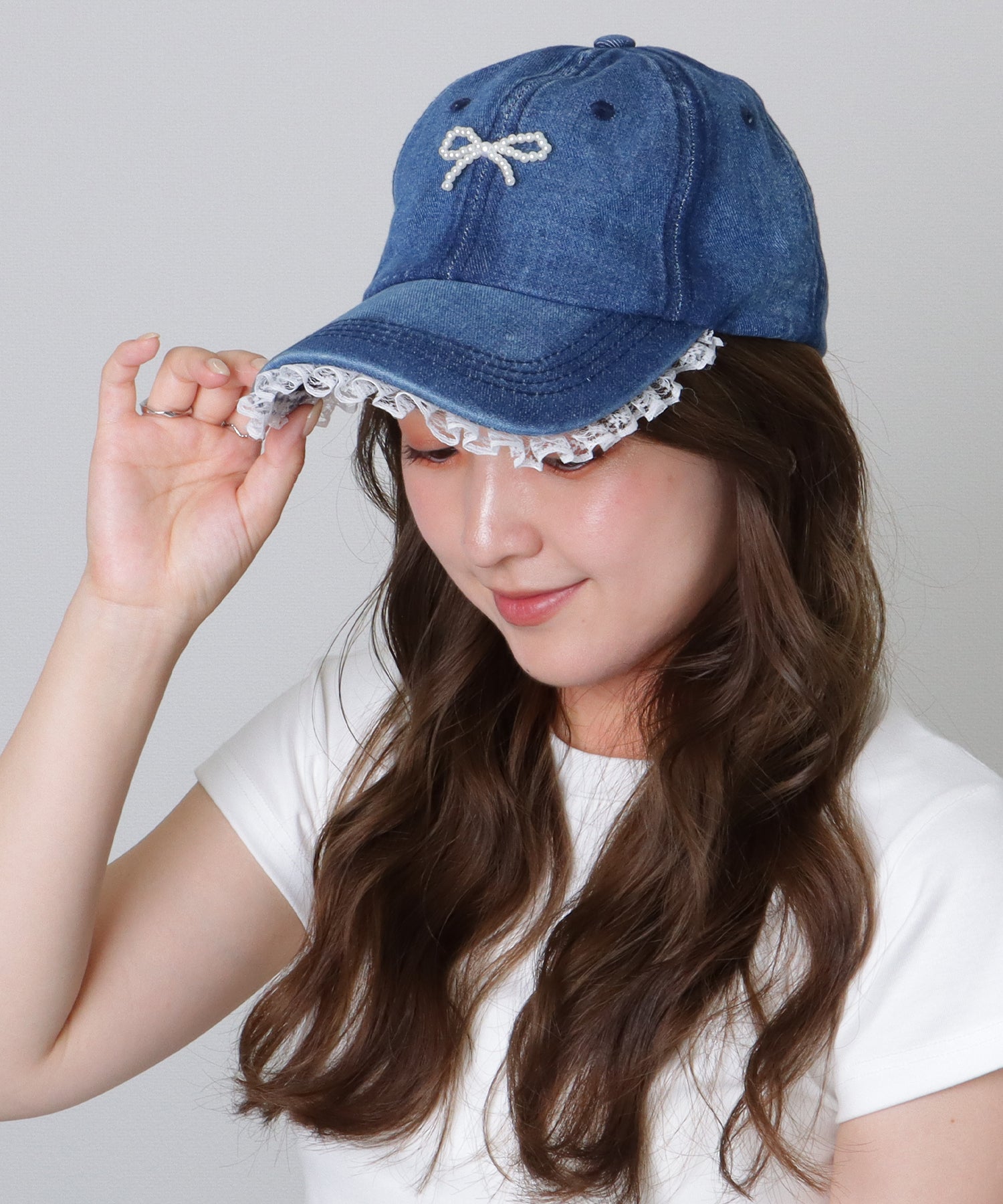 レースレディース Lace Ladies リボン チャーム付き レース フリル ベースボール デニム キャップ (ネイビー) ネイビー