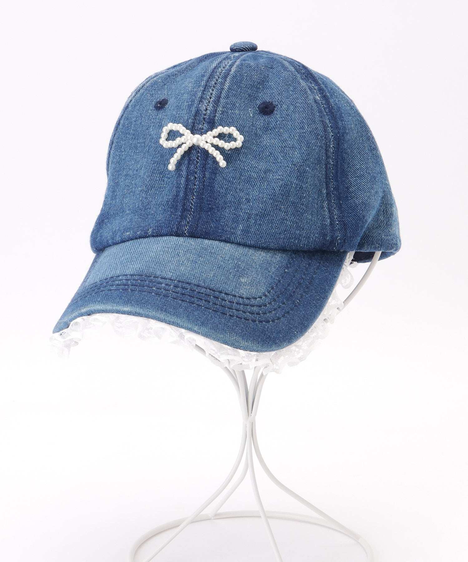 レースレディース Lace Ladies リボン チャーム付き レース フリル ベースボール デニム キャップ (ネイビー) ネイビー