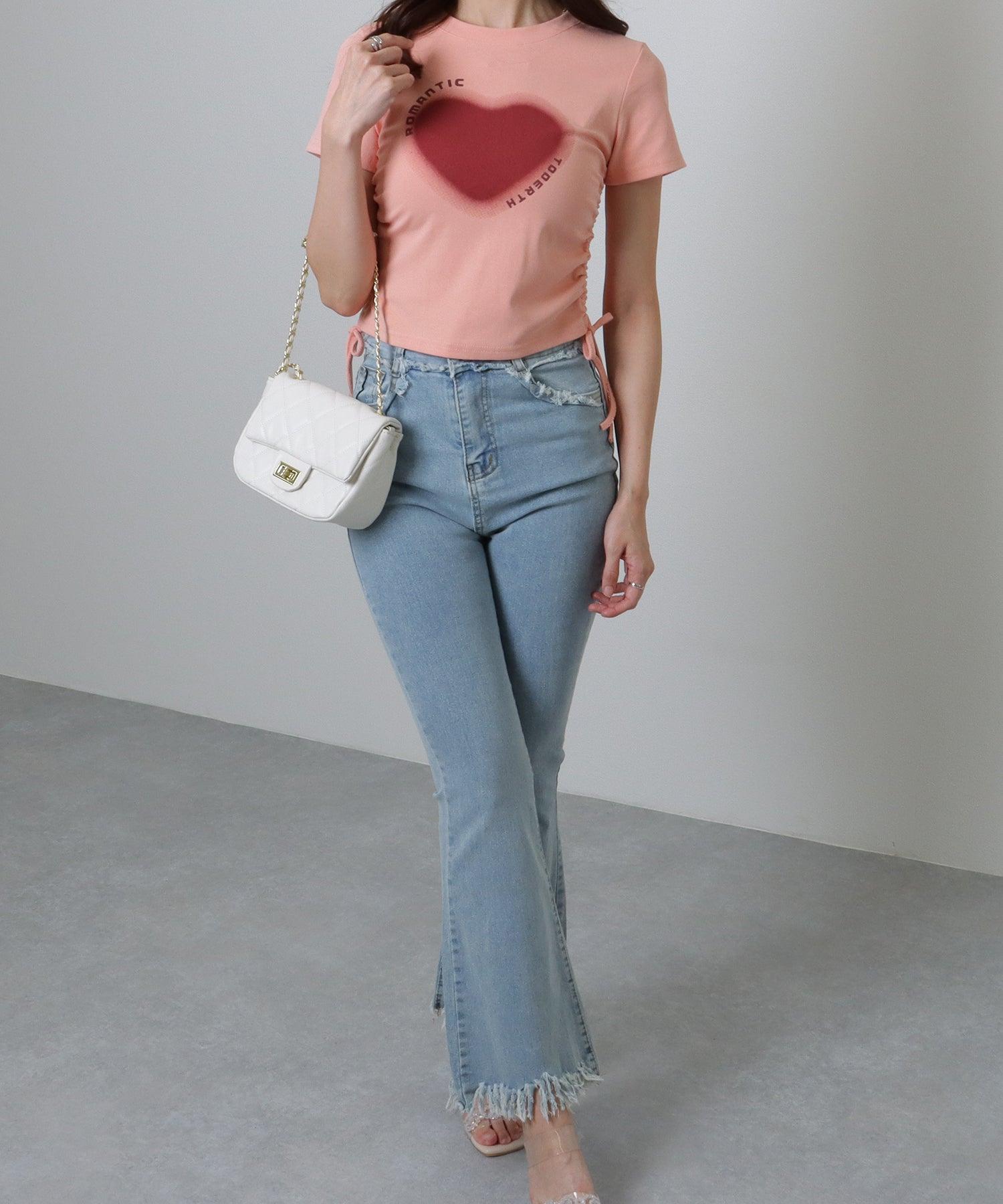 レースレディース Lace Ladies サイド シャーリング コンパクト 半袖 プリント トップス (ホワイト) ホワイト