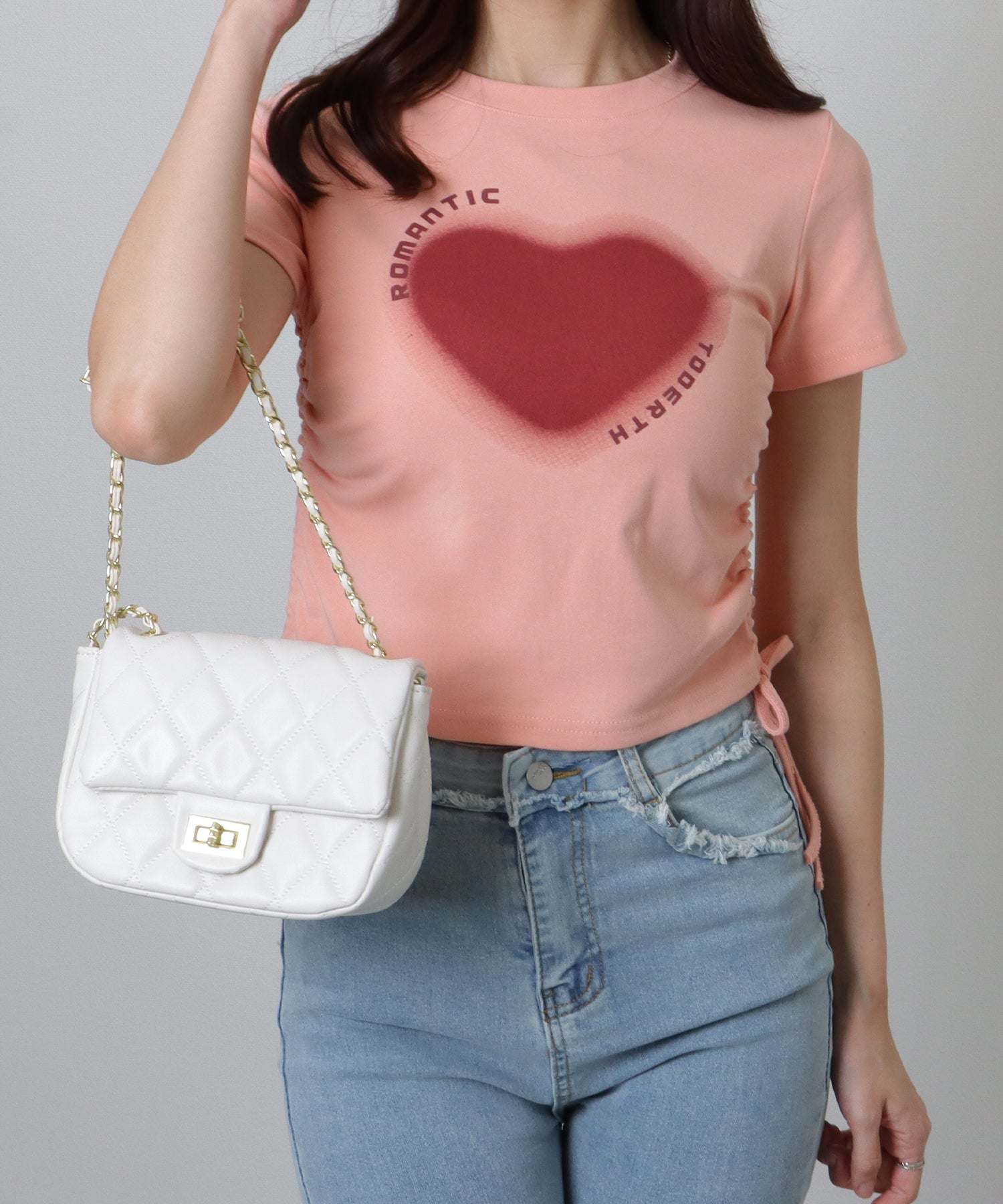 レースレディース Lace Ladies サイド シャーリング コンパクト 半袖 プリント トップス (ホワイト) ホワイト