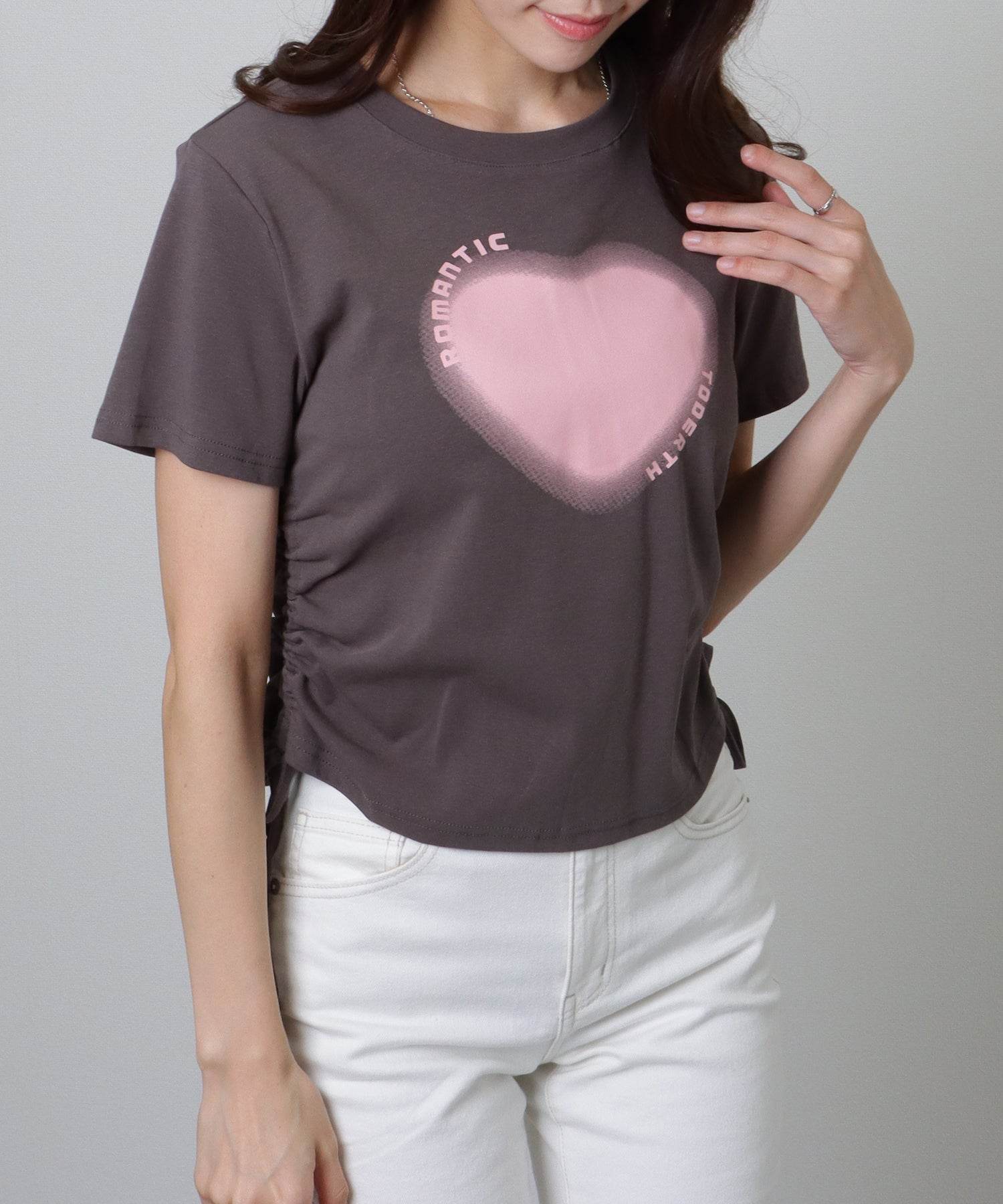 レースレディース Lace Ladies サイド シャーリング コンパクト 半袖 プリント トップス (ホワイト) ホワイト