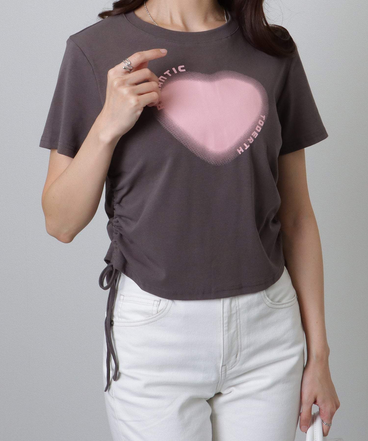 レースレディース Lace Ladies サイド シャーリング コンパクト 半袖 プリント トップス (ホワイト) ホワイト