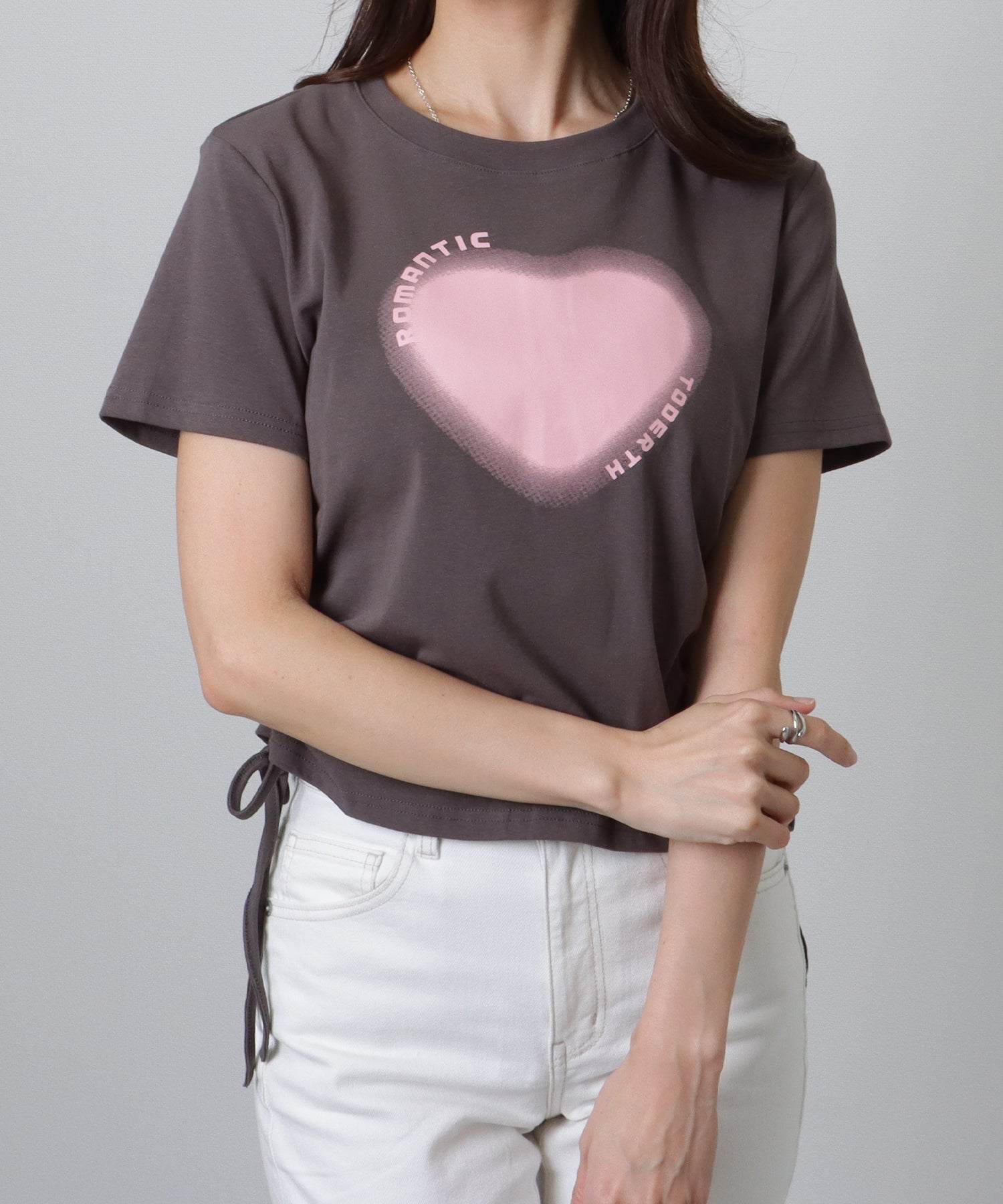 レースレディース Lace Ladies サイド シャーリング コンパクト 半袖 プリント トップス (ホワイト) ホワイト