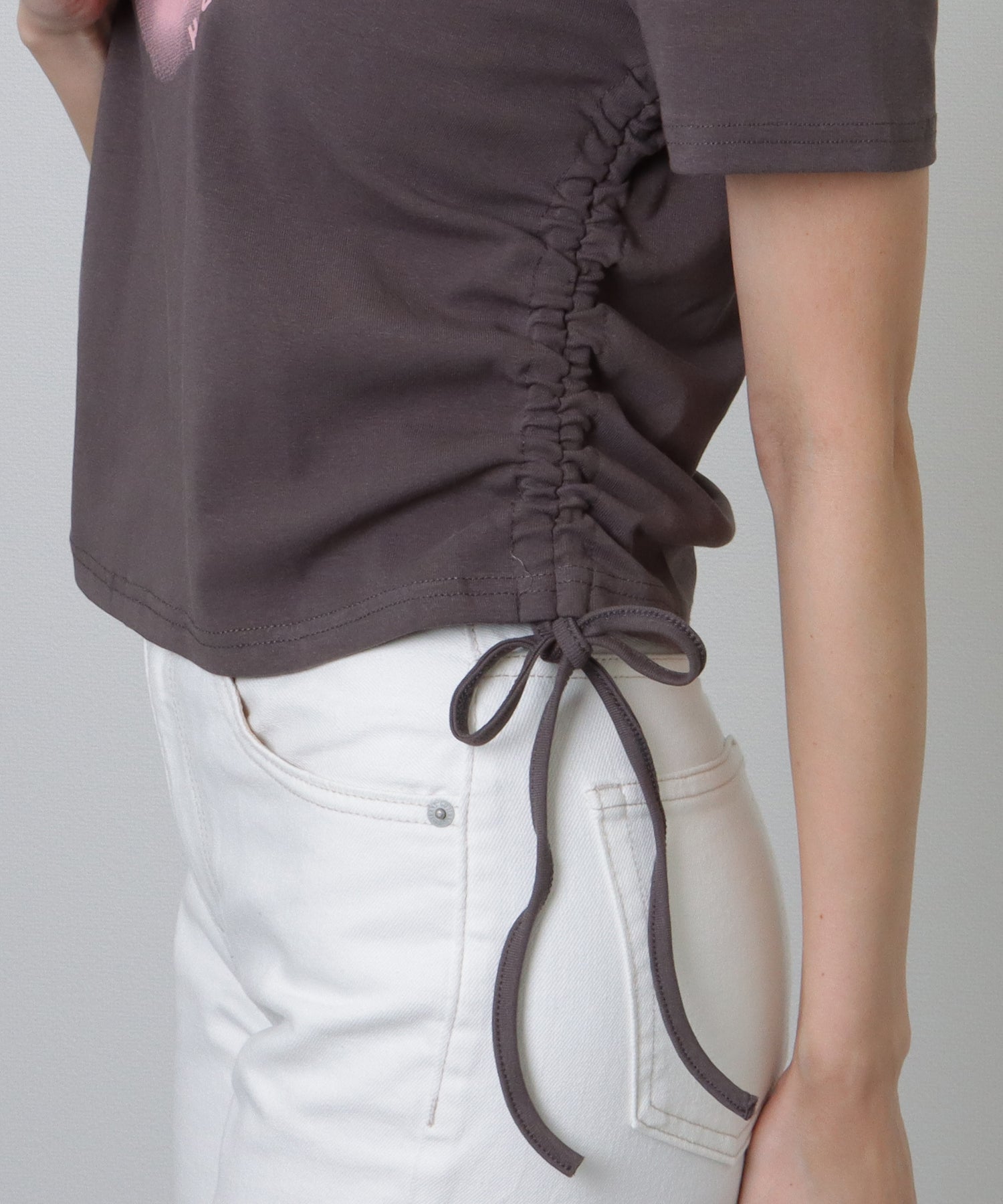 レースレディース Lace Ladies サイド シャーリング コンパクト 半袖 プリント トップス (ホワイト) ホワイト