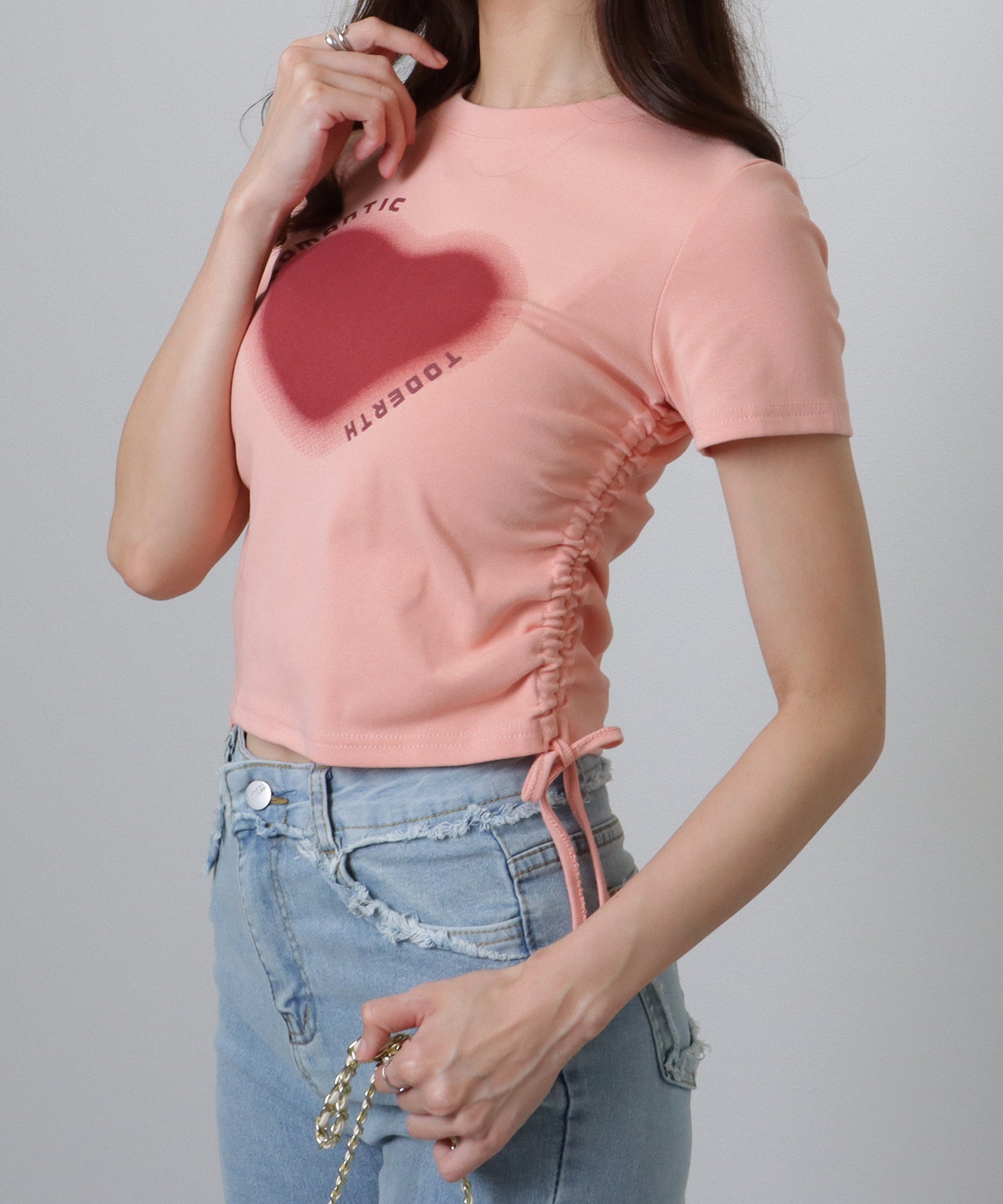 レースレディース Lace Ladies サイド シャーリング コンパクト 半袖 プリント トップス (ピンク) ピンク