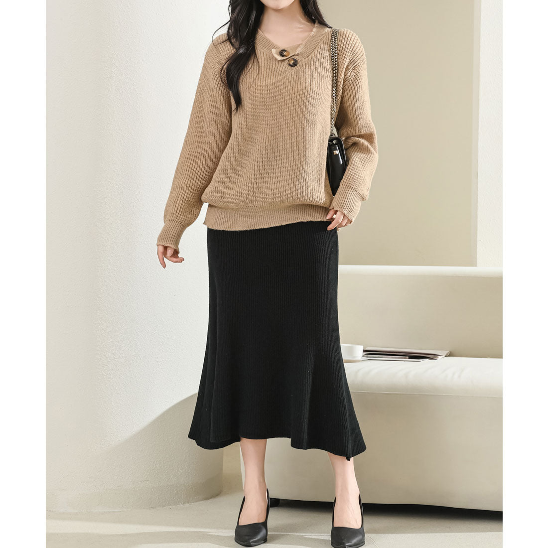 レースレディース Lace Ladies ソリッドカラー ボタン付き Vネック 長袖 ニット プルオーバー (ベージュ) ベージュ
