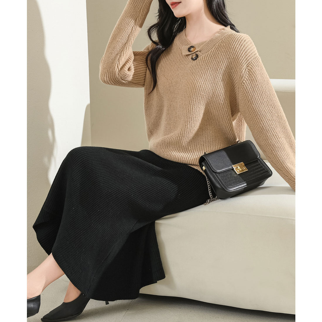 レースレディース Lace Ladies ソリッドカラー ボタン付き Vネック 長袖 ニット プルオーバー (ベージュ) ベージュ