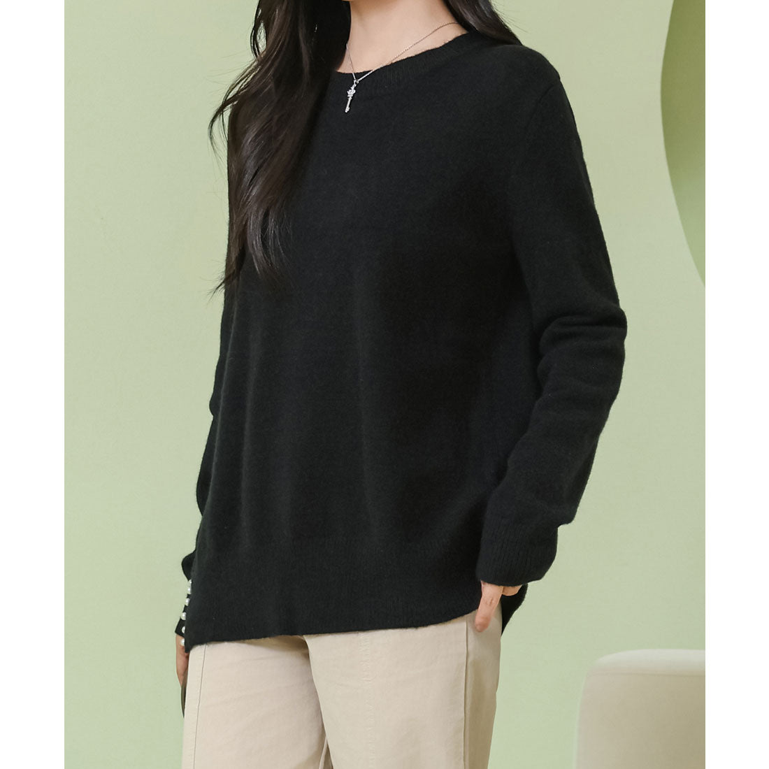 レースレディース Lace Ladies サイドスリット パール付き クルーネック ニット プルオーバー (ブラック) ブラック