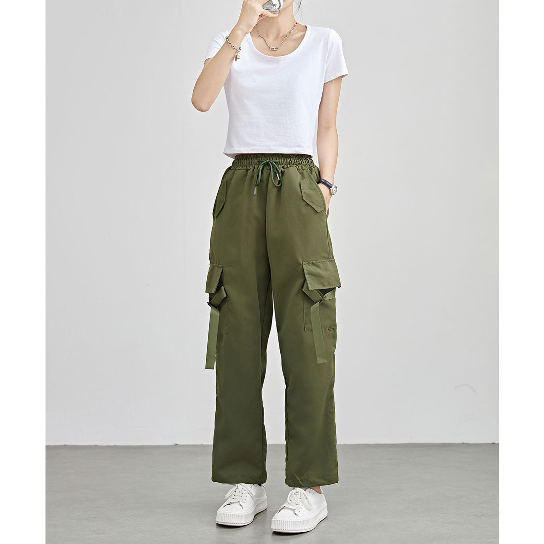 レースレディース Lace Ladies ソリッドカラー ワイド イージー ベルトループポケット カーゴパンツ (グリーン) グリーン