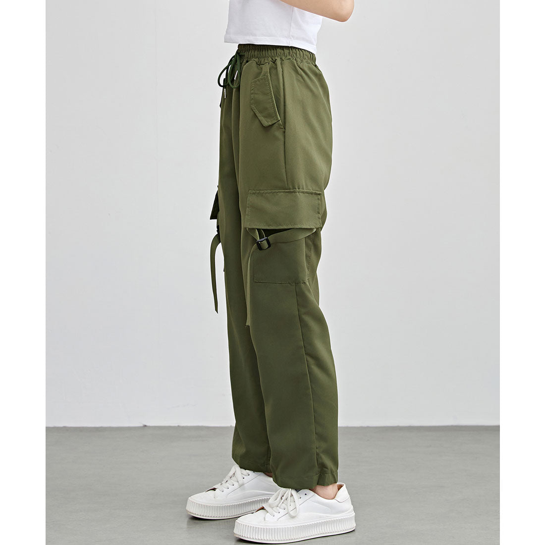 レースレディース Lace Ladies ソリッドカラー ワイド イージー ベルトループポケット カーゴパンツ (グリーン) グリーン