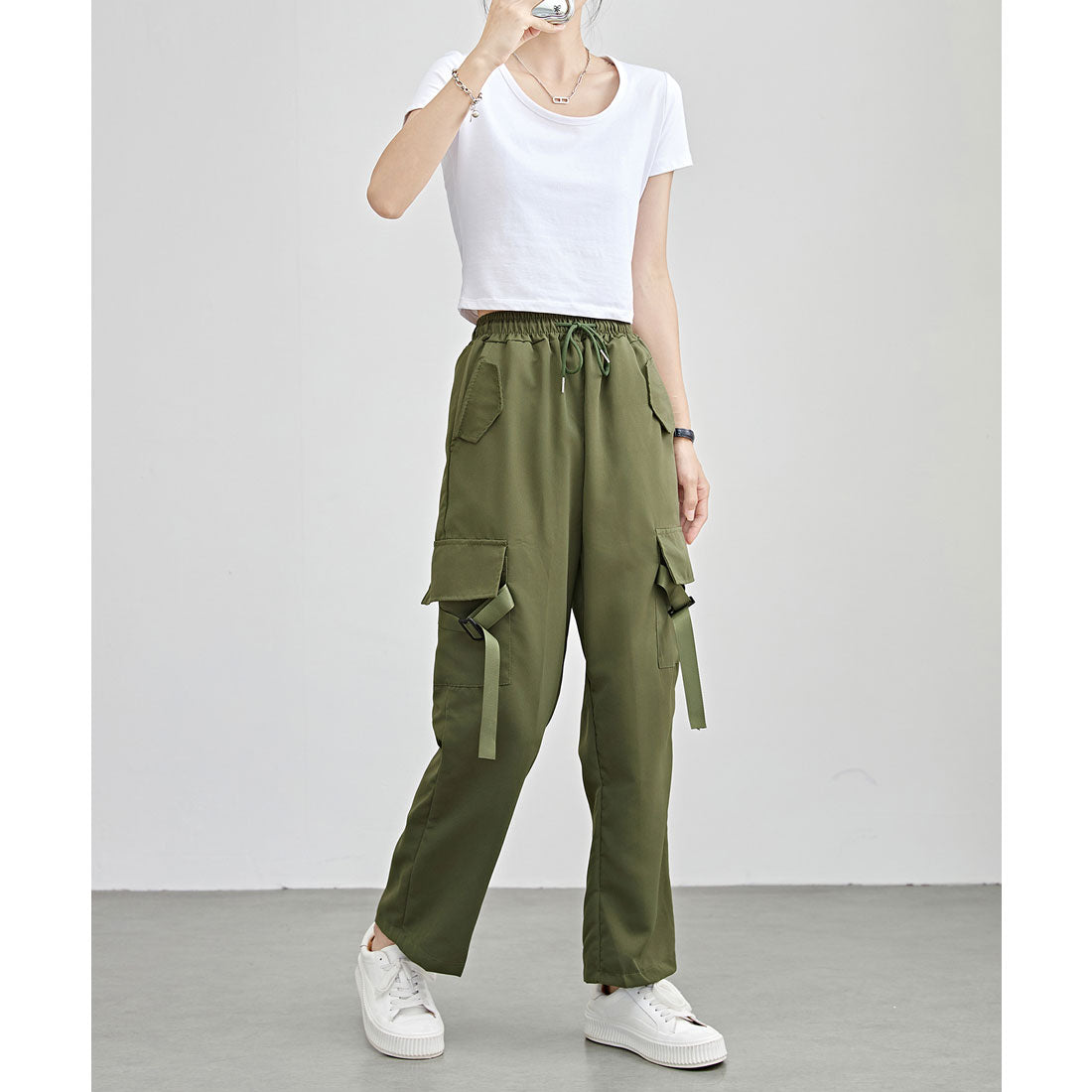 レースレディース Lace Ladies ソリッドカラー ワイド イージー ベルトループポケット カーゴパンツ (グリーン) グリーン