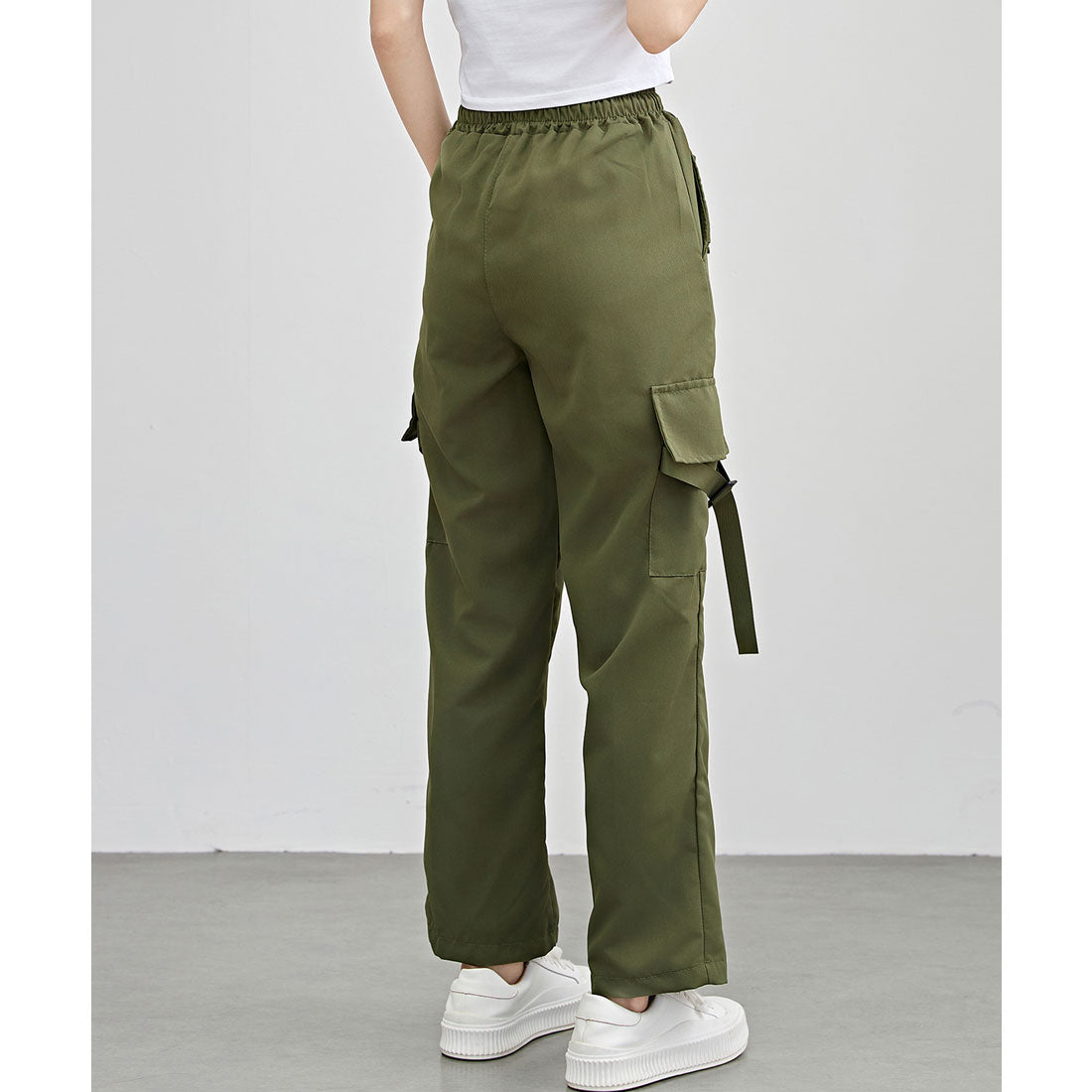 レースレディース Lace Ladies ソリッドカラー ワイド イージー ベルトループポケット カーゴパンツ (グリーン) グリーン
