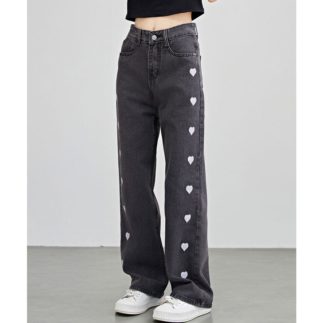 レースレディース Lace Ladies ハート 刺繍 ハイウエスト ストレート デニム パンツ (ブラック) ブラック