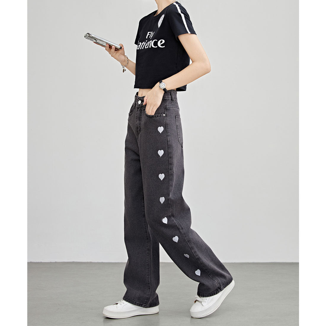 レースレディース Lace Ladies ハート 刺繍 ハイウエスト ストレート デニム パンツ (ブラック) ブラック