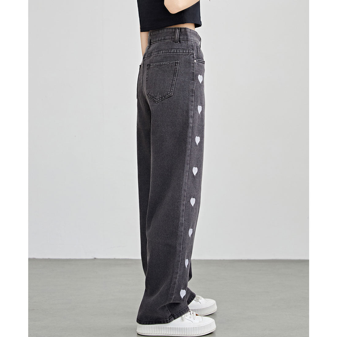 レースレディース Lace Ladies ハート 刺繍 ハイウエスト ストレート デニム パンツ (ブラック) ブラック