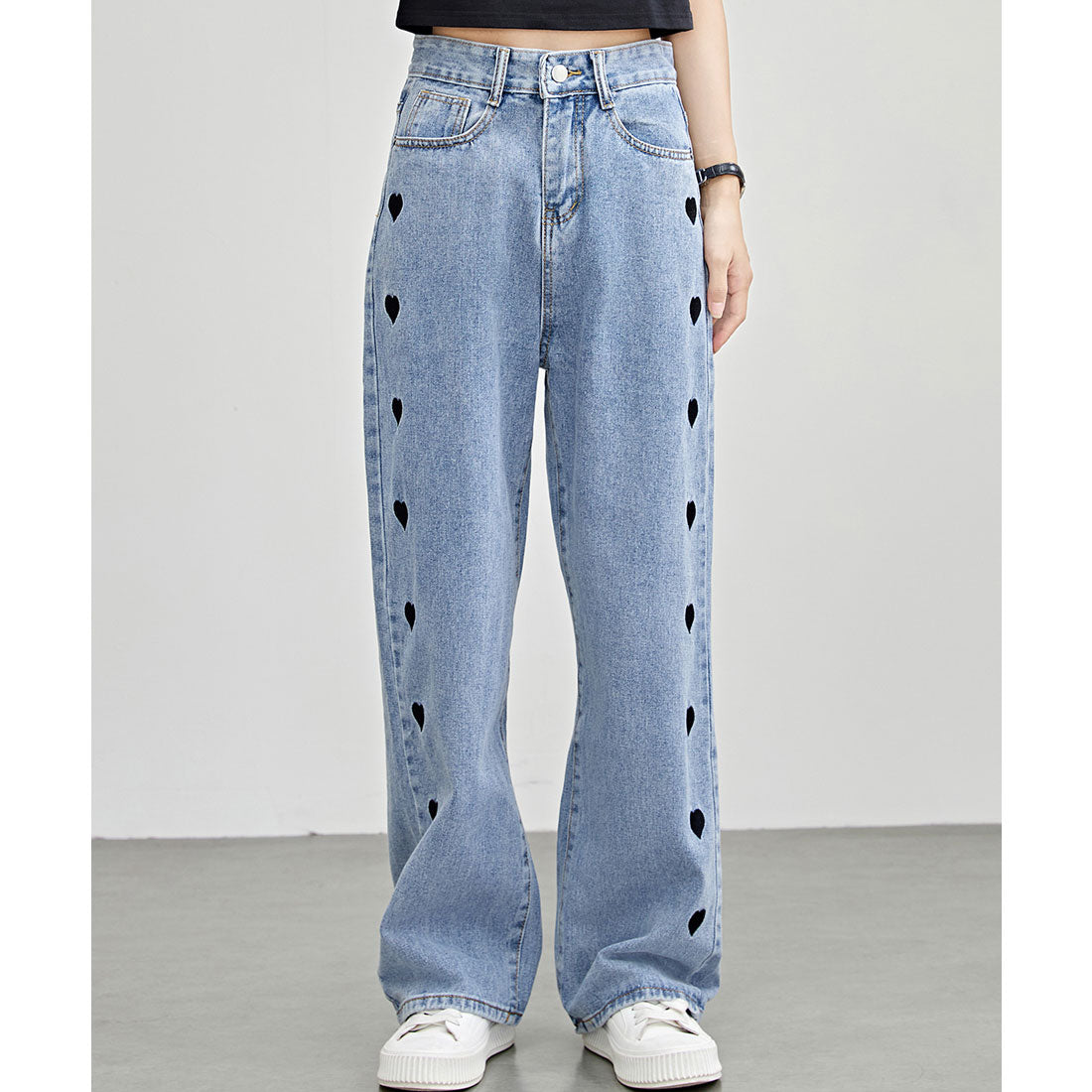 レースレディース Lace Ladies ハート 刺繍 ハイウエスト ストレート デニム パンツ (ブラック) ブラック