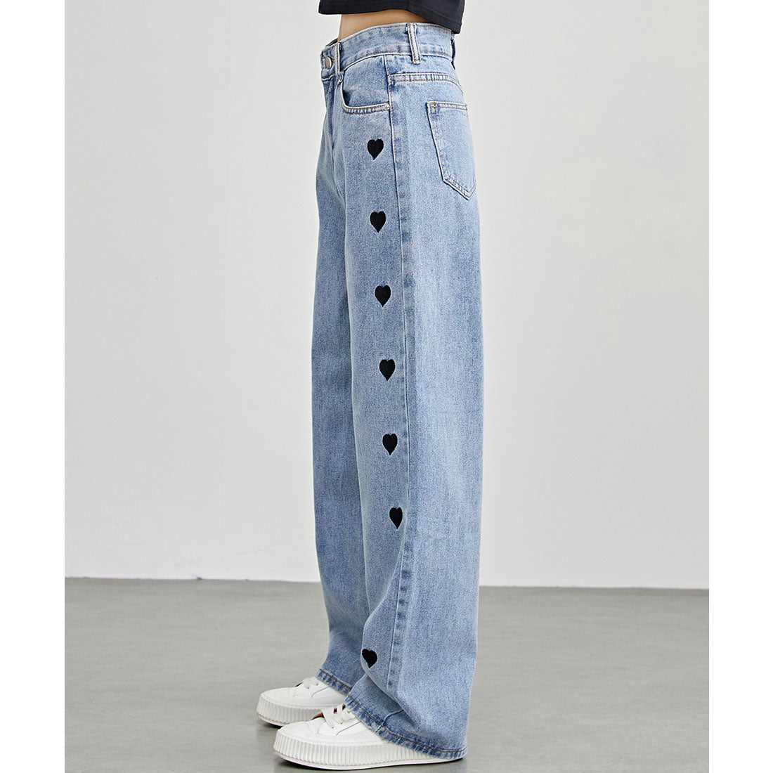 レースレディース Lace Ladies ハート 刺繍 ハイウエスト ストレート デニム パンツ (ブラック) ブラック