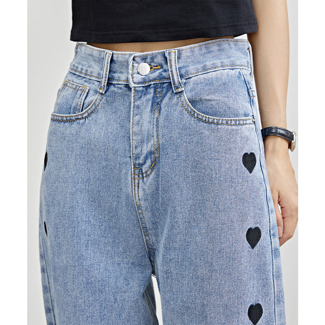 レースレディース Lace Ladies ハート 刺繍 ハイウエスト ストレート デニム パンツ (ブラック) ブラック