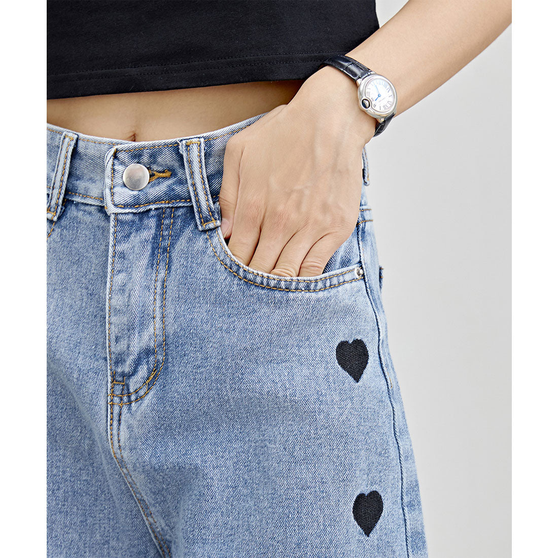 レースレディース Lace Ladies ハート 刺繍 ハイウエスト ストレート デニム パンツ (ブラック) ブラック