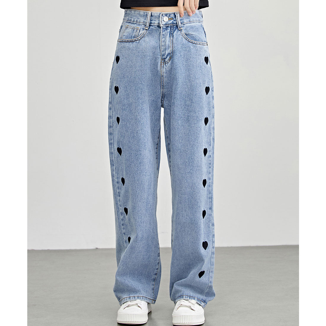 レースレディース Lace Ladies ハート 刺繍 ハイウエスト ストレート デニム パンツ (ブルー) ブルー