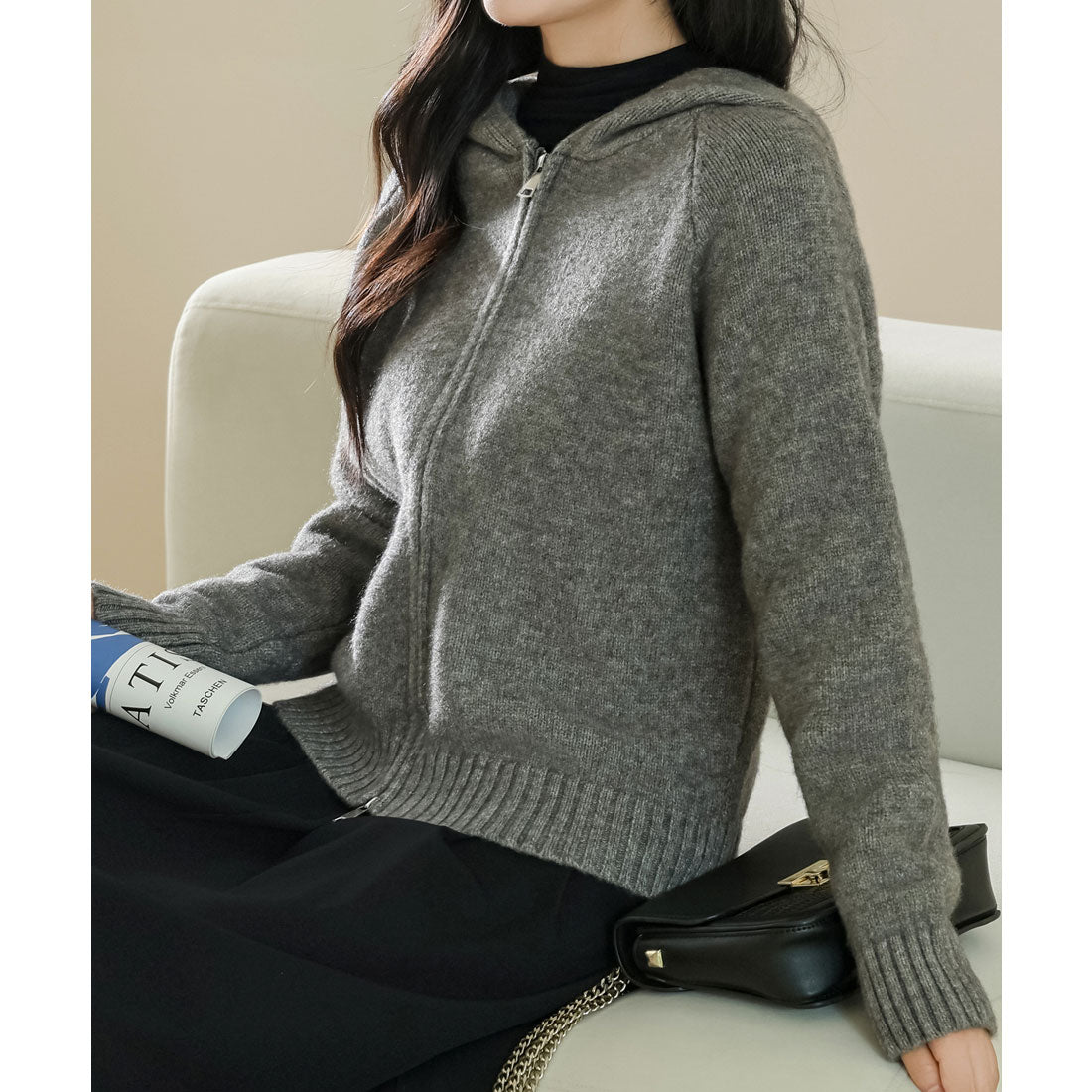 レースレディース Lace Ladies フロントジップ コンパクト 長袖 フーデット ニット カーディガン (グレー) グレー