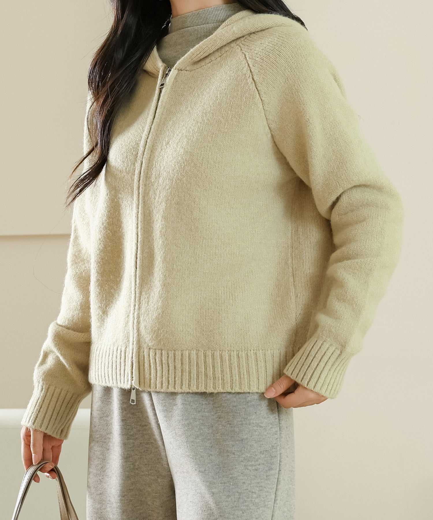 レースレディース Lace Ladies フロントジップ コンパクト 長袖 フーデット ニット カーディガン (イエロー) イエロー