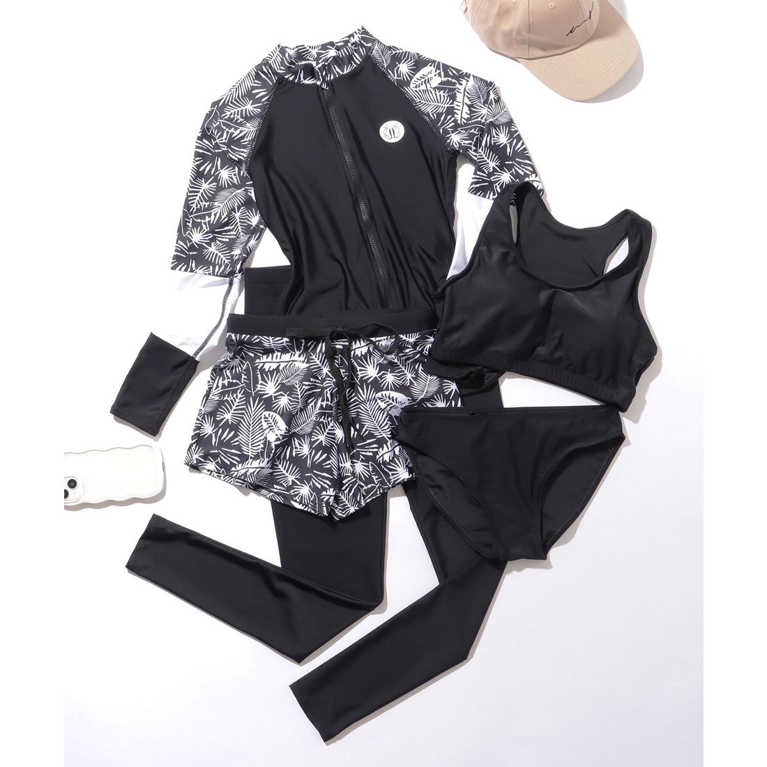 レースレディース Lace Ladies 【5点セット】 ボタニカル柄 配色 スリム フィット ラッシュガード【返品不可商品】 (ブラック) ブラック