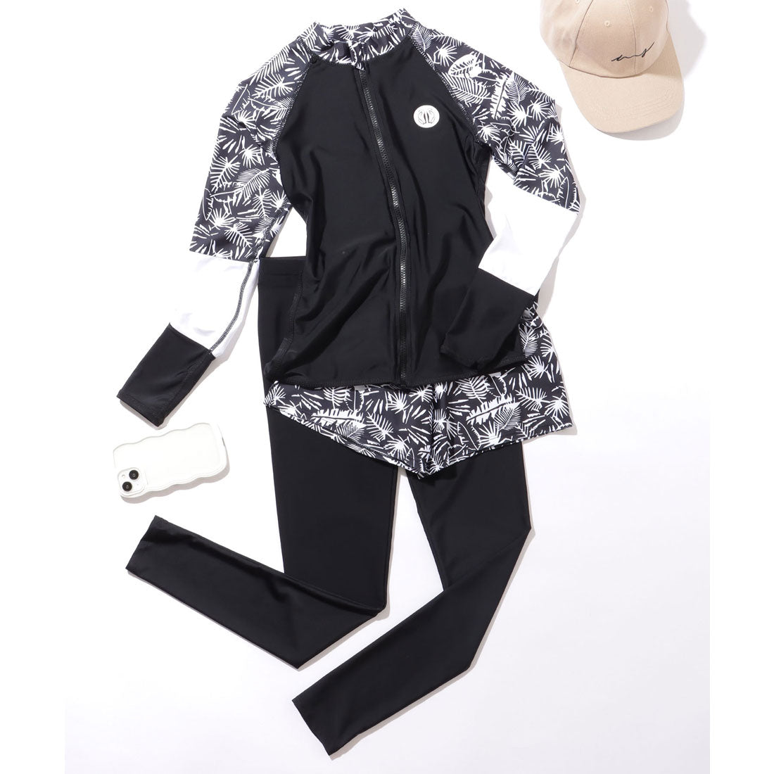 レースレディース Lace Ladies 【5点セット】 ボタニカル柄 配色 スリム フィット ラッシュガード【返品不可商品】 (ブラック) ブラック