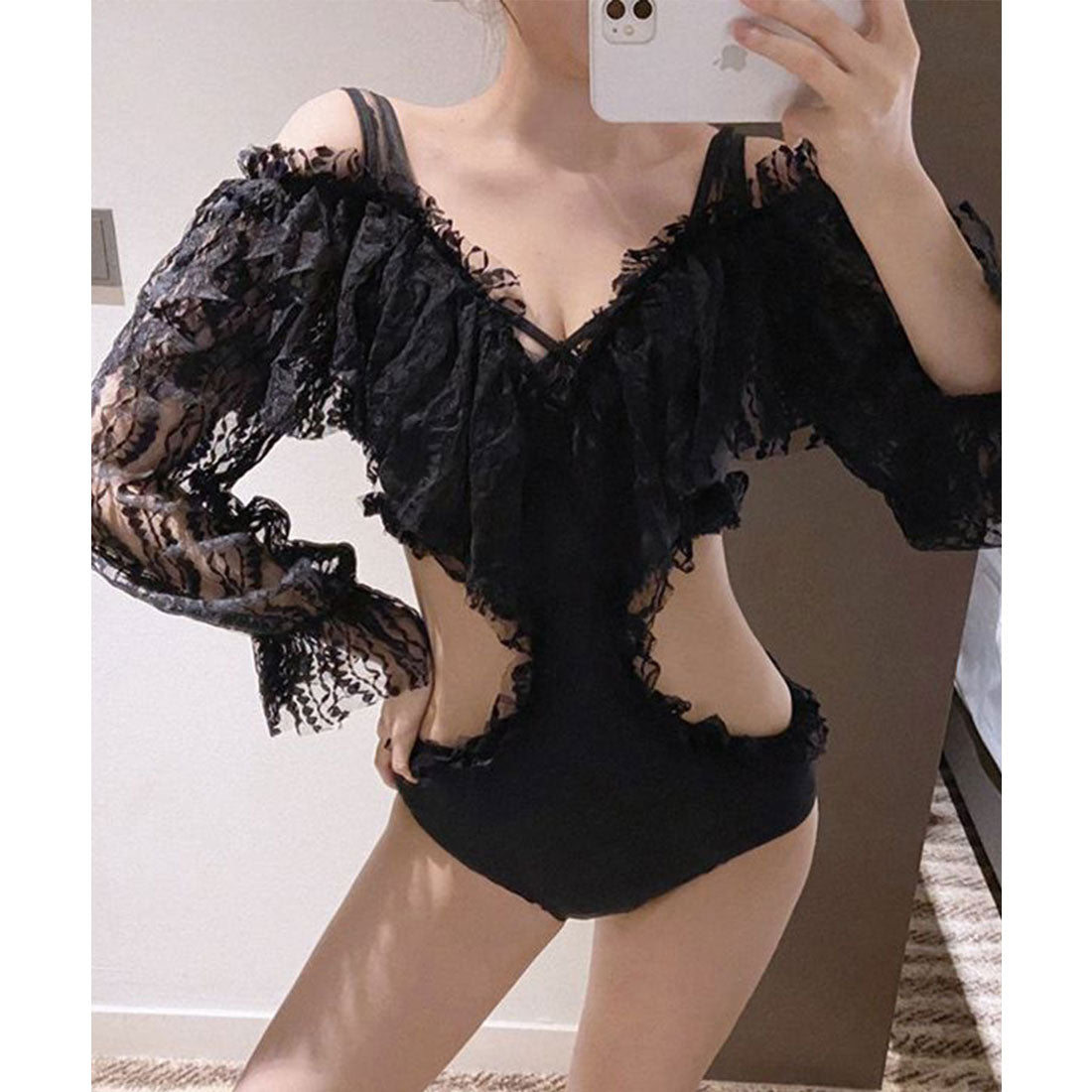 レースレディース Lace Ladies レースドッキング キャンディ袖 Vネック ワンピース 水着【返品不可商品】 (ブラック) ブラック