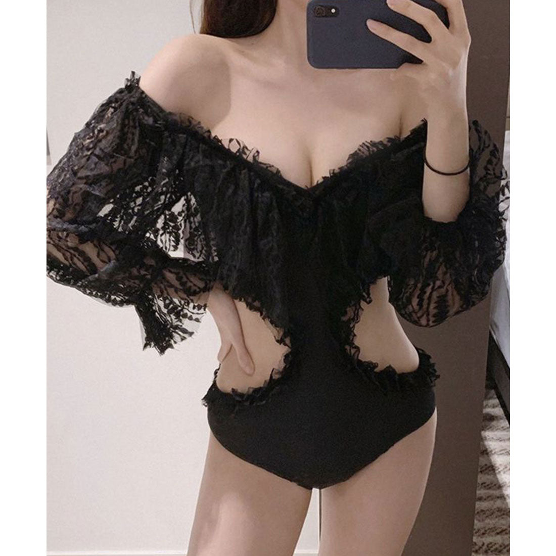 レースレディース Lace Ladies レースドッキング キャンディ袖 Vネック ワンピース 水着【返品不可商品】 (ブラック) ブラック