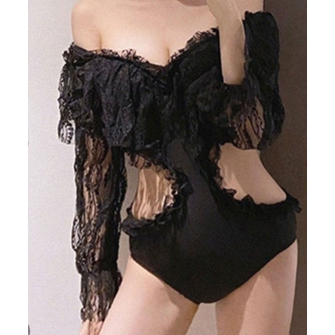 レースレディース Lace Ladies レースドッキング キャンディ袖 Vネック ワンピース 水着【返品不可商品】 (ブラック) ブラック
