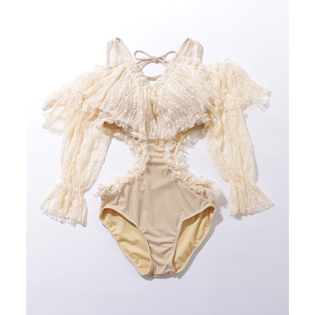 レースレディース Lace Ladies レースドッキング キャンディ袖 Vネック ワンピース 水着【返品不可商品】 (ブラック) ブラック