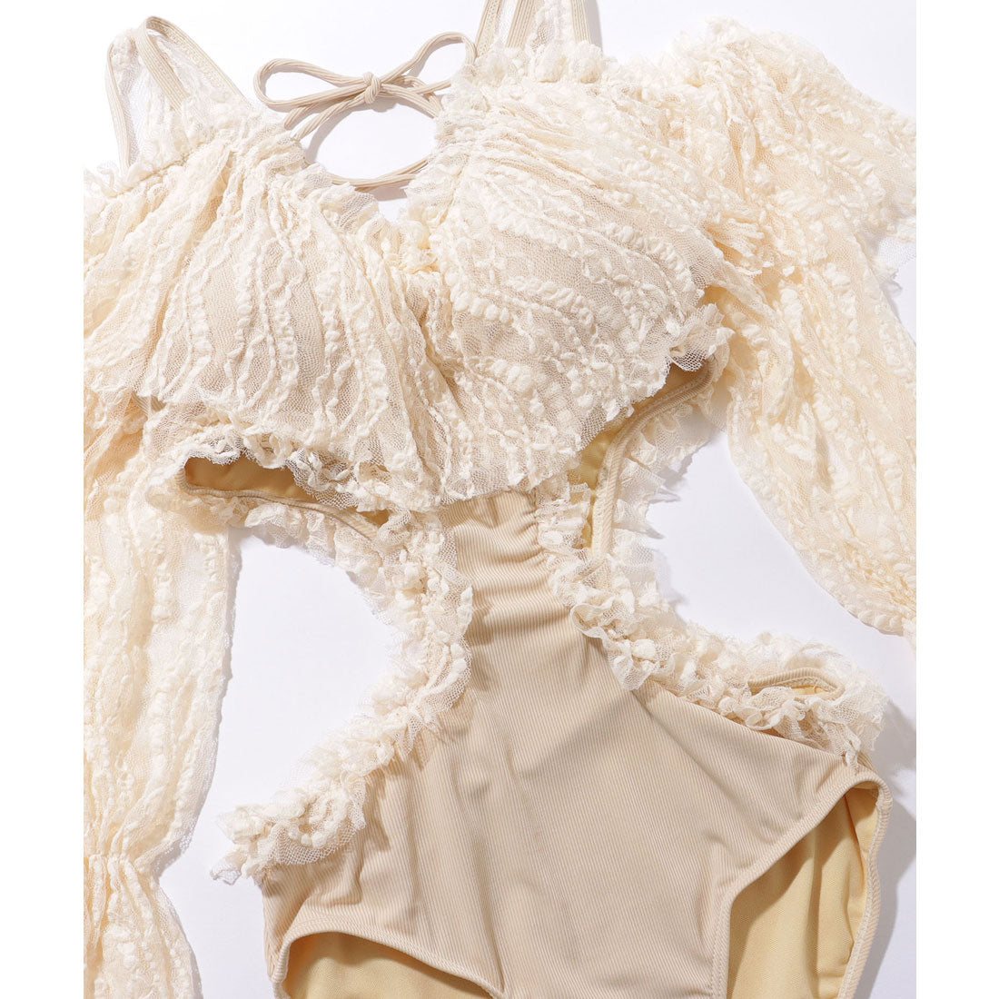 レースレディース Lace Ladies レースドッキング キャンディ袖 Vネック ワンピース 水着【返品不可商品】 (ブラック) ブラック