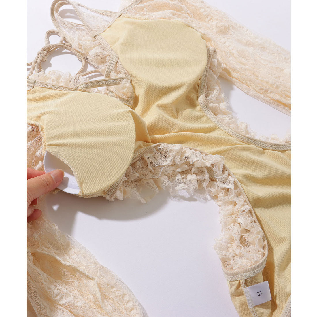 レースレディース Lace Ladies レースドッキング キャンディ袖 Vネック ワンピース 水着【返品不可商品】 (ブラック) ブラック