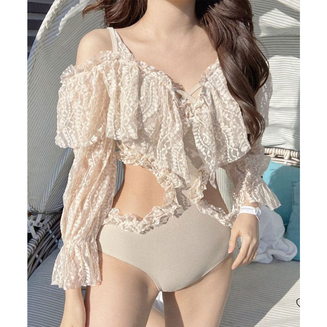 レースレディース Lace Ladies レースドッキング キャンディ袖 Vネック ワンピース 水着【返品不可商品】 (アイボリー) アイボリー
